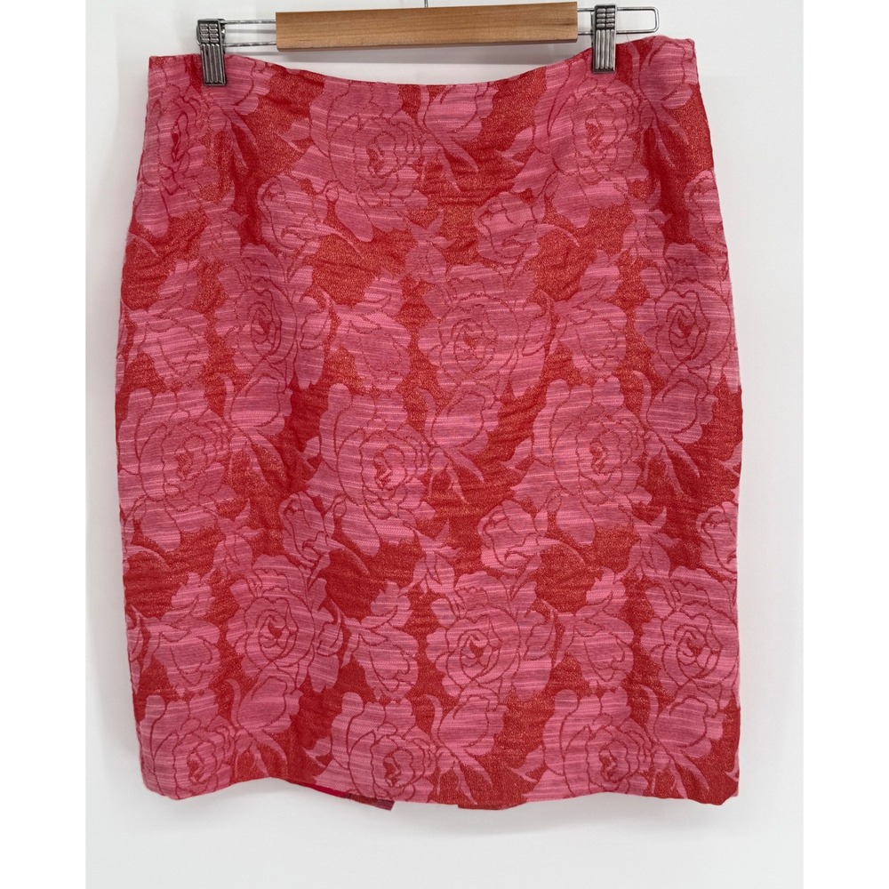 Ellen Tracy Pink Red Floral Jacquard‎ Metallic Pencil Skirt Womens Sz 14 Brocade